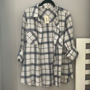 Linen Mix White and Blue Plaid 3/4 Sleeve Button Up Sleeves Large